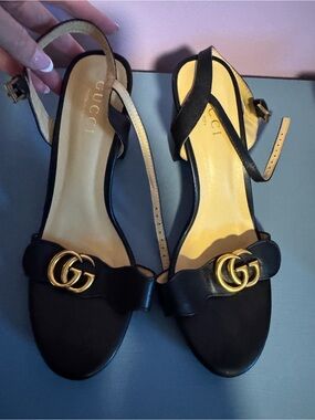 Gucci Black Leather Slingback Sandals with Gold GG Hardware